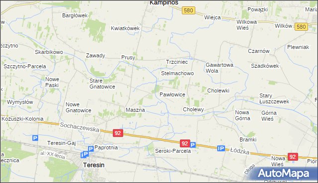 mapa Pawłowice gmina Teresin, Pawłowice gmina Teresin na mapie Targeo