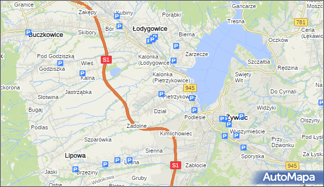 mapa Pietrzykowice gmina Łodygowice, Pietrzykowice gmina Łodygowice na mapie Targeo