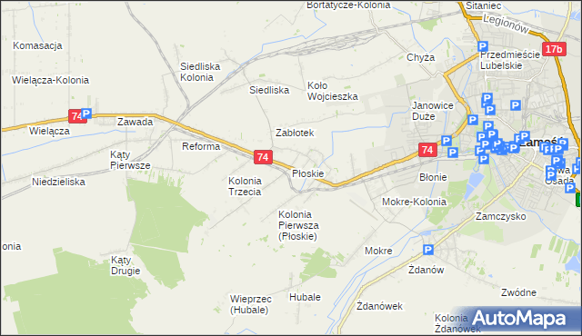 mapa Płoskie gmina Zamość, Płoskie gmina Zamość na mapie Targeo