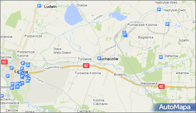 mapa Puchaczów powiat łęczyński, Puchaczów powiat łęczyński na mapie Targeo