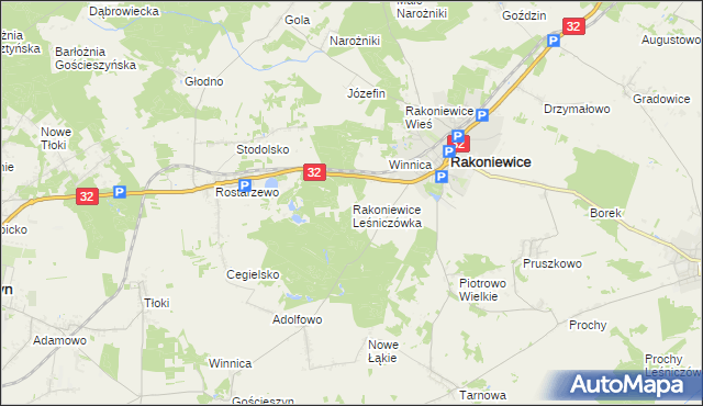 mapa Rakoniewice Leśniczówka, Rakoniewice Leśniczówka na mapie Targeo
