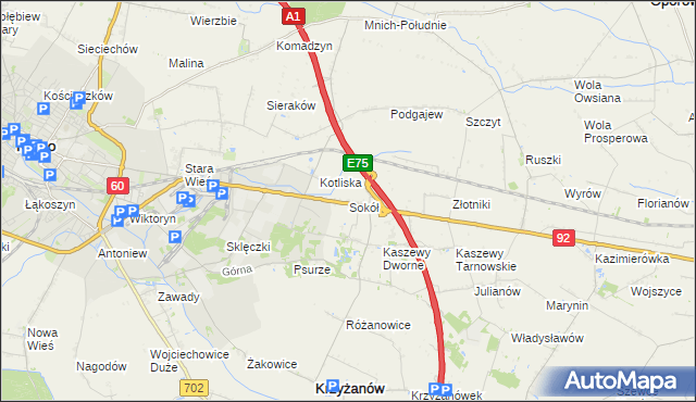 mapa Sokół gmina Krzyżanów, Sokół gmina Krzyżanów na mapie Targeo