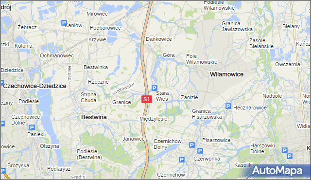 mapa Stara Wieś gmina Wilamowice, Stara Wieś gmina Wilamowice na mapie Targeo