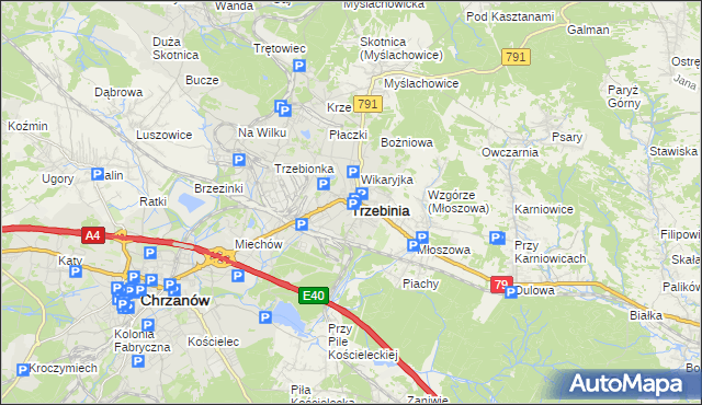 mapa Trzebinia powiat chrzanowski, Trzebinia powiat chrzanowski na mapie Targeo