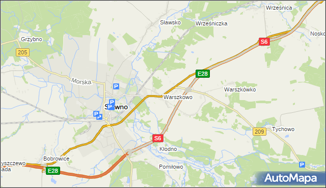 mapa Warszkowo gmina Sławno, Warszkowo gmina Sławno na mapie Targeo