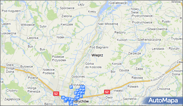 mapa Wieprz powiat wadowicki, Wieprz powiat wadowicki na mapie Targeo