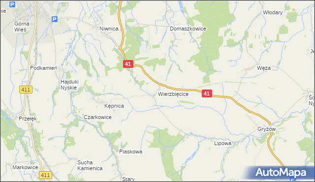 mapa Wierzbięcice gmina Nysa, Wierzbięcice gmina Nysa na mapie Targeo