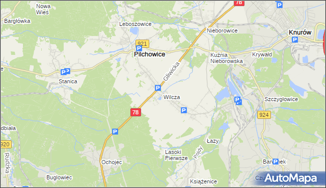mapa Wilcza gmina Pilchowice, Wilcza gmina Pilchowice na mapie Targeo