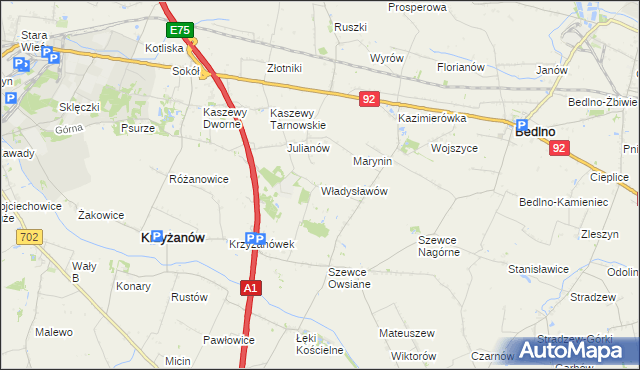 mapa Władysławów gmina Krzyżanów, Władysławów gmina Krzyżanów na mapie Targeo