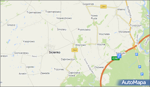 mapa Wojnowo gmina Sicienko, Wojnowo gmina Sicienko na mapie Targeo