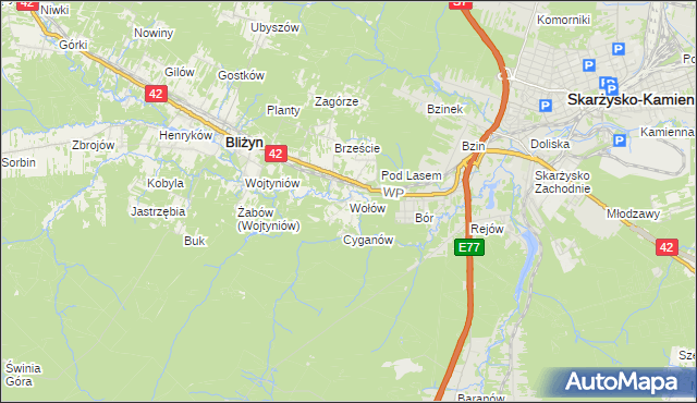 mapa Wołów gmina Bliżyn, Wołów gmina Bliżyn na mapie Targeo