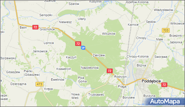 mapa Zakrzew gmina Poddębice, Zakrzew gmina Poddębice na mapie Targeo