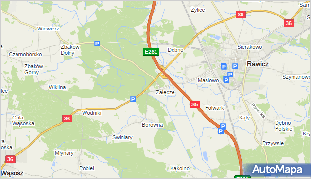 mapa Załęcze gmina Rawicz, Załęcze gmina Rawicz na mapie Targeo