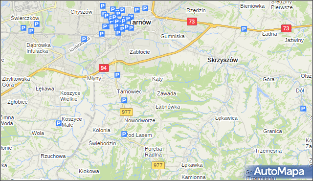 mapa Zawada gmina Tarnów, Zawada gmina Tarnów na mapie Targeo