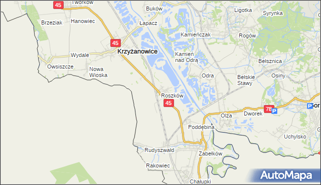 mapa Roszków gmina Krzyżanowice, Roszków gmina Krzyżanowice na mapie Targeo