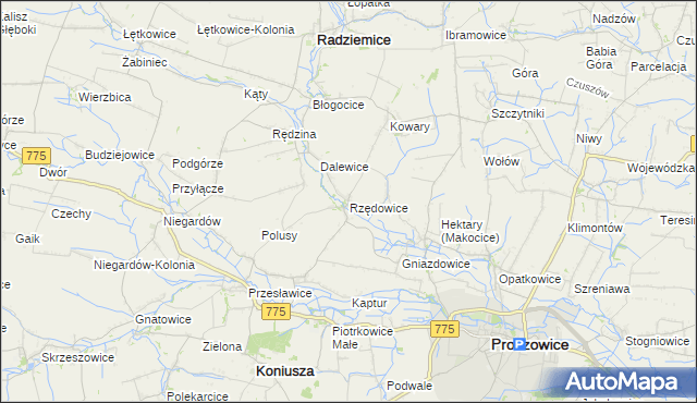 mapa Rzędowice gmina Koniusza, Rzędowice gmina Koniusza na mapie Targeo