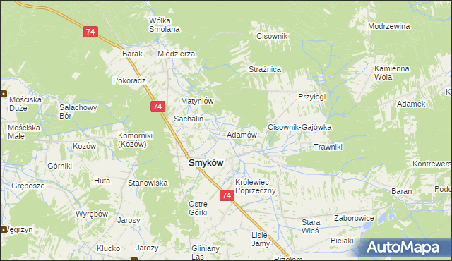 mapa Adamów gmina Smyków, Adamów gmina Smyków na mapie Targeo