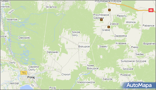 mapa Biskupice gmina Olsztyn, Biskupice gmina Olsztyn na mapie Targeo