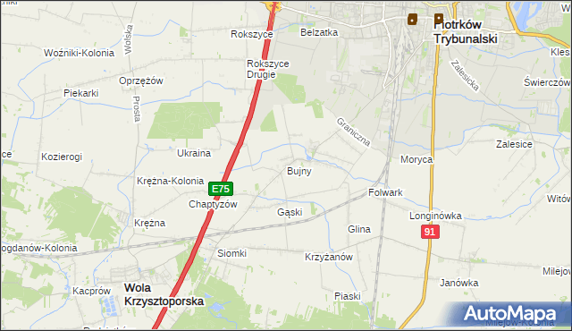 mapa Bujny gmina Wola Krzysztoporska, Bujny gmina Wola Krzysztoporska na mapie Targeo