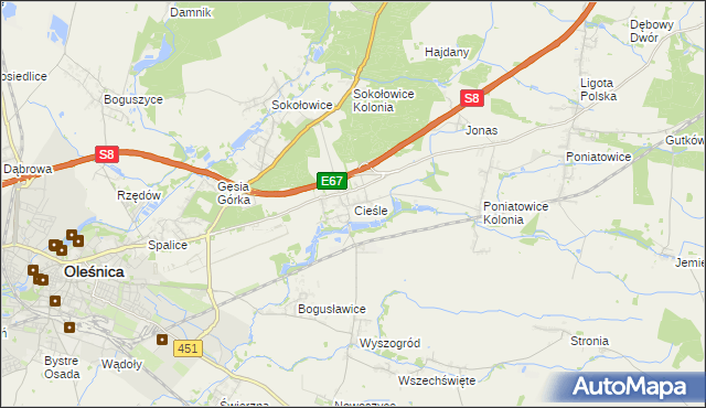 mapa Cieśle gmina Oleśnica, Cieśle gmina Oleśnica na mapie Targeo