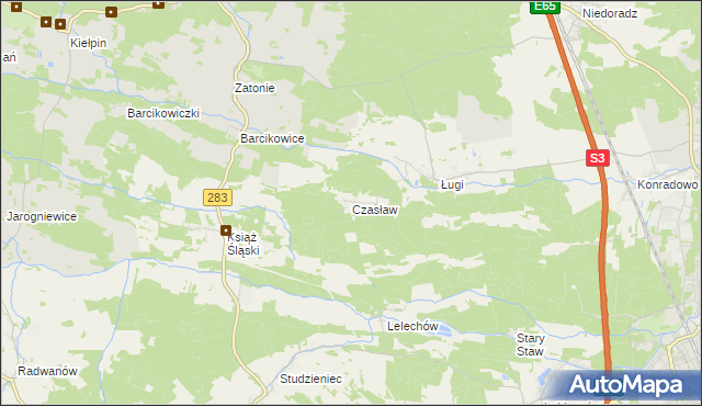 mapa Czasław gmina Otyń, Czasław gmina Otyń na mapie Targeo