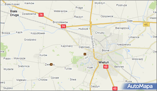 mapa Dąbrowa gmina Wieluń, Dąbrowa gmina Wieluń na mapie Targeo