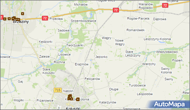 mapa Jeziorko gmina Koluszki, Jeziorko gmina Koluszki na mapie Targeo