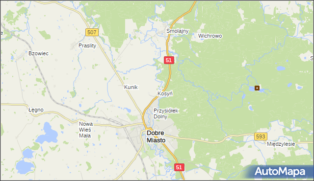 mapa Kosyń gmina Dobre Miasto, Kosyń gmina Dobre Miasto na mapie Targeo