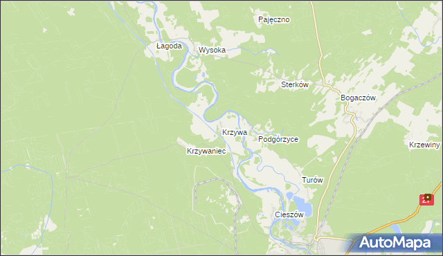 mapa Krzywa gmina Nowogród Bobrzański, Krzywa gmina Nowogród Bobrzański na mapie Targeo