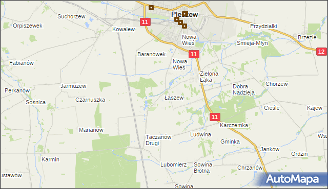 mapa Łaszew gmina Pleszew, Łaszew gmina Pleszew na mapie Targeo