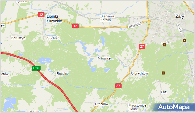 mapa Miłowice gmina Żary, Miłowice gmina Żary na mapie Targeo