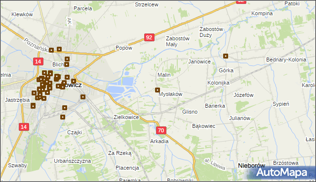 mapa Mysłaków gmina Nieborów, Mysłaków gmina Nieborów na mapie Targeo