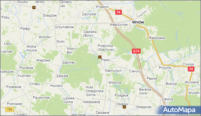 mapa Piaski gmina Mniów, Piaski gmina Mniów na mapie Targeo
