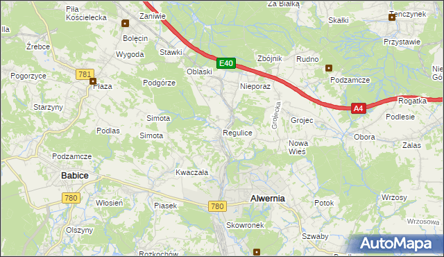 mapa Regulice gmina Alwernia, Regulice gmina Alwernia na mapie Targeo