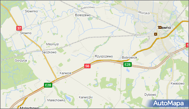 mapa Rzyszczewo gmina Sławno, Rzyszczewo gmina Sławno na mapie Targeo