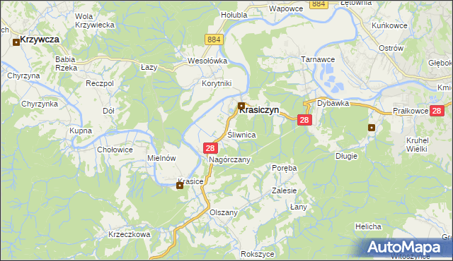 mapa Śliwnica gmina Krasiczyn, Śliwnica gmina Krasiczyn na mapie Targeo