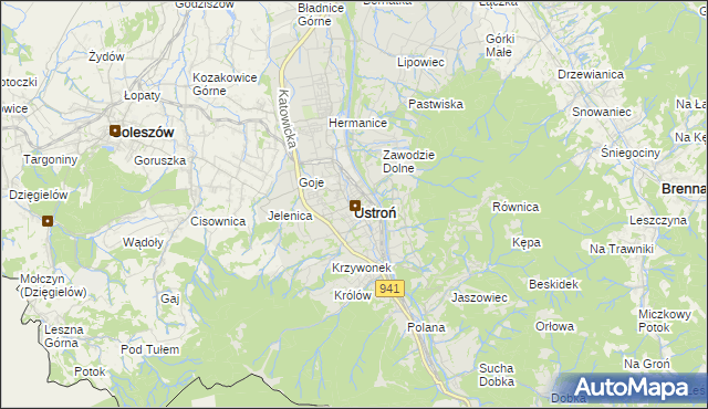 mapa Ustroń powiat cieszyński, Ustroń powiat cieszyński na mapie Targeo