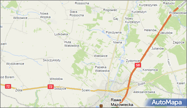 mapa Wałowice gmina Rawa Mazowiecka, Wałowice gmina Rawa Mazowiecka na mapie Targeo