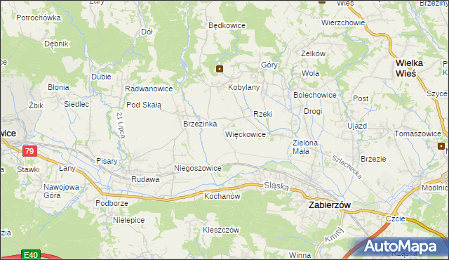 mapa Więckowice gmina Zabierzów, Więckowice gmina Zabierzów na mapie Targeo