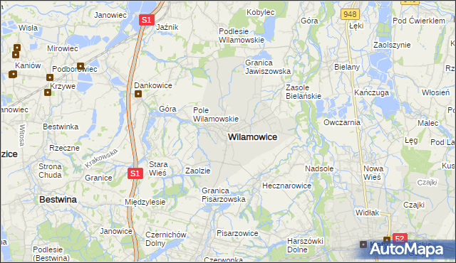 mapa Wilamowice powiat bielski, Wilamowice powiat bielski na mapie Targeo