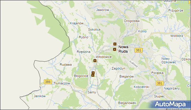 mapa Włodowice gmina Nowa Ruda, Włodowice gmina Nowa Ruda na mapie Targeo