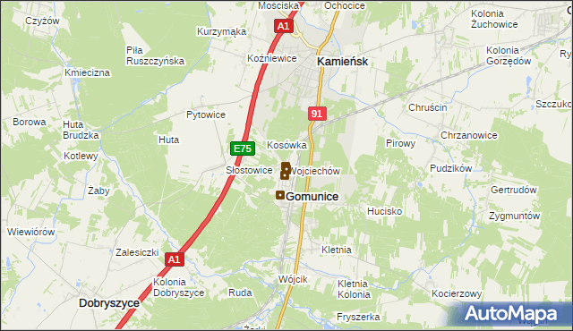 mapa Wojciechów gmina Gomunice, Wojciechów gmina Gomunice na mapie Targeo
