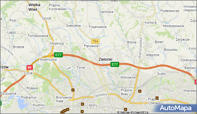mapa Zielonki powiat krakowski, Zielonki powiat krakowski na mapie Targeo