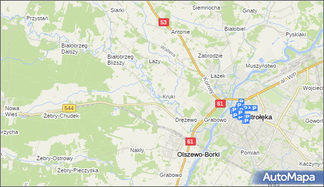 mapa Kruki gmina Olszewo-Borki, Kruki gmina Olszewo-Borki na mapie Targeo