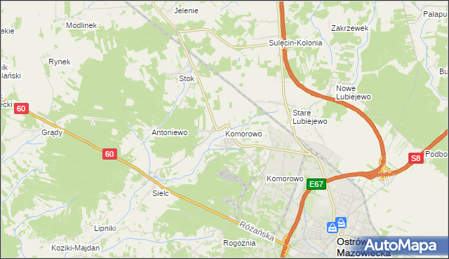 mapa Komorowo gmina Ostrów Mazowiecka, Komorowo gmina Ostrów Mazowiecka na mapie Targeo