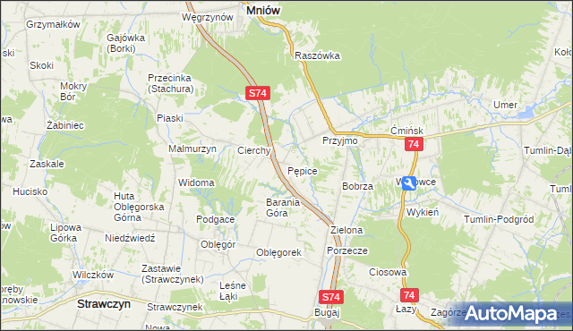 mapa Pępice gmina Mniów, Pępice gmina Mniów na mapie Targeo