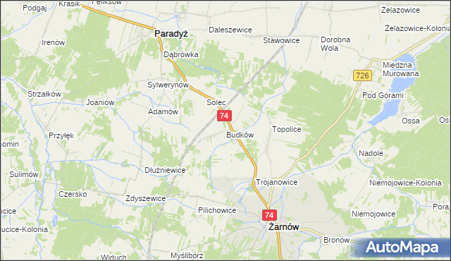 mapa Budków gmina Żarnów, Budków gmina Żarnów na mapie Targeo