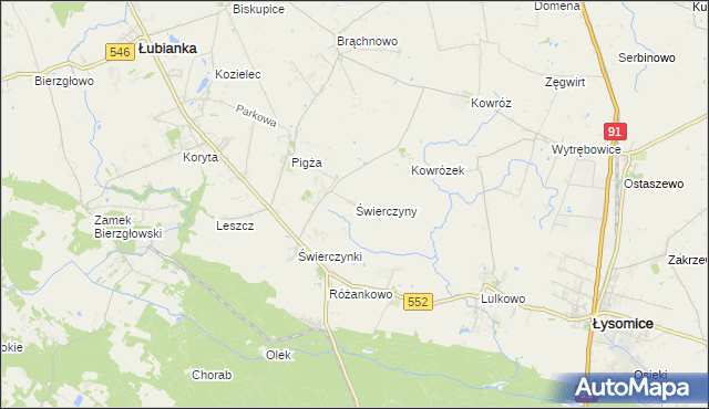 mapa Świerczyny gmina Łysomice, Świerczyny gmina Łysomice na mapie Targeo