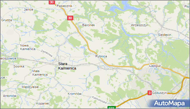 mapa Rybnica gmina Stara Kamienica, Rybnica gmina Stara Kamienica na mapie Targeo