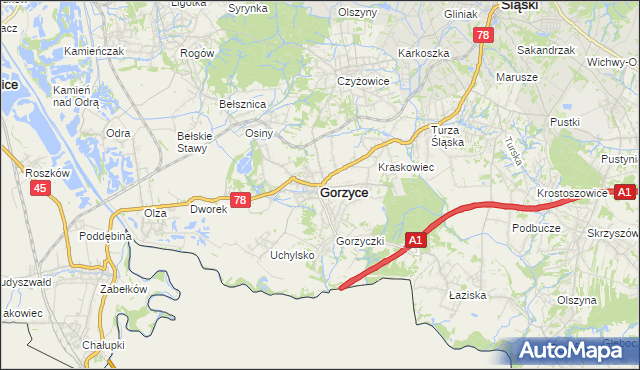 mapa Gorzyce powiat wodzisławski, Gorzyce powiat wodzisławski na mapie Targeo